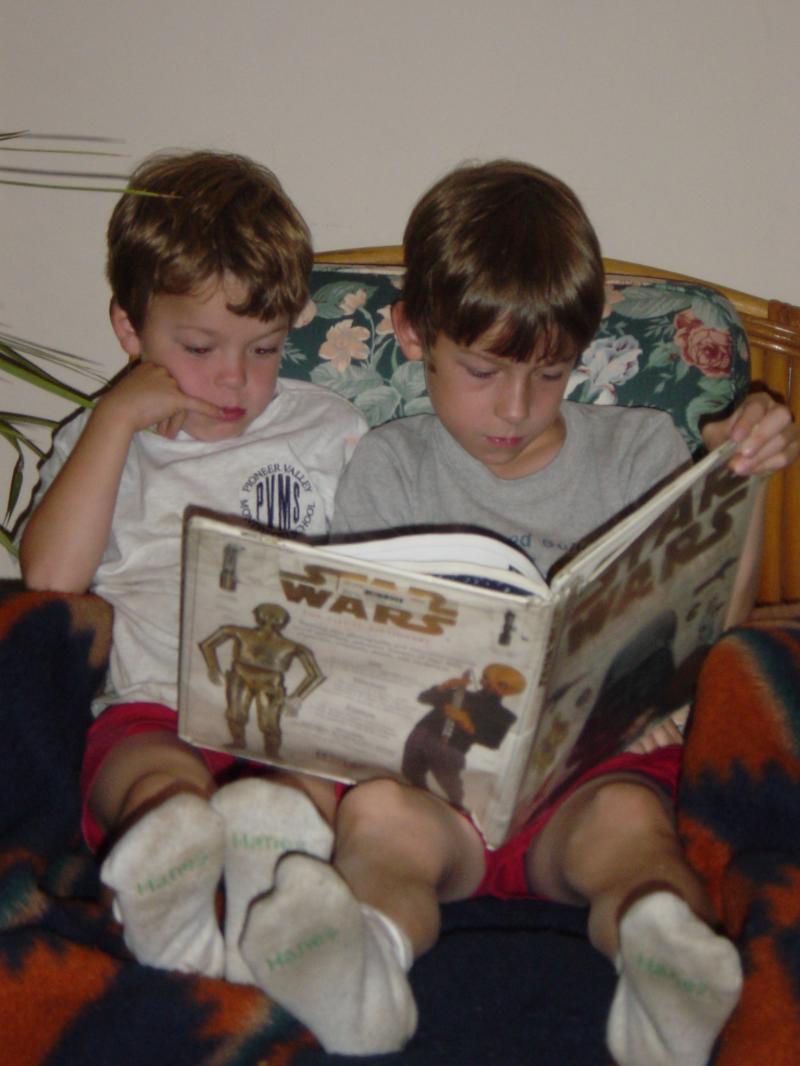 Liam and Solon reading, 2006?